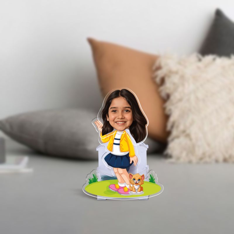 Personalized Cartoon Theme Funny Face Caricature Birthday Return Gift for Kids, Girls & Boys Solar Powered Moving Head for Car Dashboard & Table Decor (Girl with Cat)